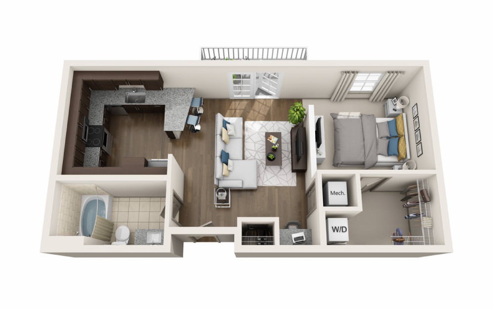 Alexander B - Studio floorplan layout with 1 bathroom and 581 square feet