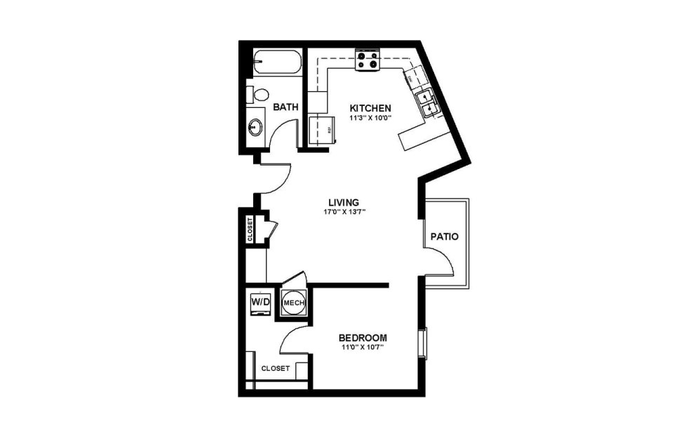 Anson - 1 bedroom floorplan layout with 1 bath and 609 square feet. Anson - 1 bedroom floorplan layout with 1 bath and 609 square feet.
