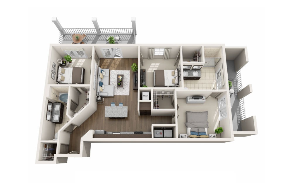 Tradd - 3 bedroom floorplan layout with 2 bathrooms and 1199 square feet